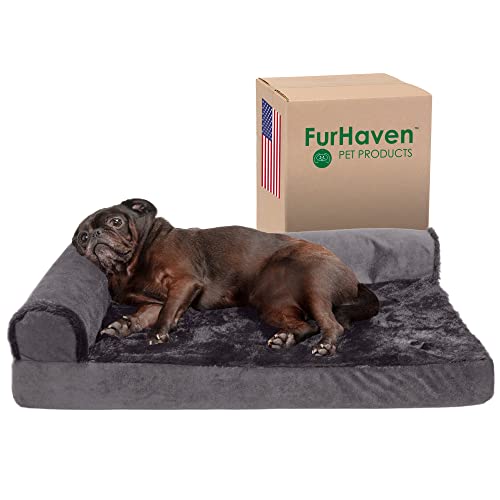 Furhaven Cooling Gel Dog Bed for Medium/Small Dogs w/ Removable Bolsters & Washable Cover, For Dogs Up to 35 lbs - Plush & Velvet L Shaped Chaise - Platinum Gray, Medium - color: (Plush & Velvet) Platinum Gray, size: Medium