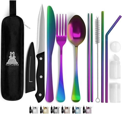 Taplord Portable Travel Silverware Set With Case, Includes 10 Pcs of Travel Utensils With Case, Stainless Steel Flatware Set For Camping, Lightweight (Multi-Color) - color: Multicolor, size: 10 Pieces