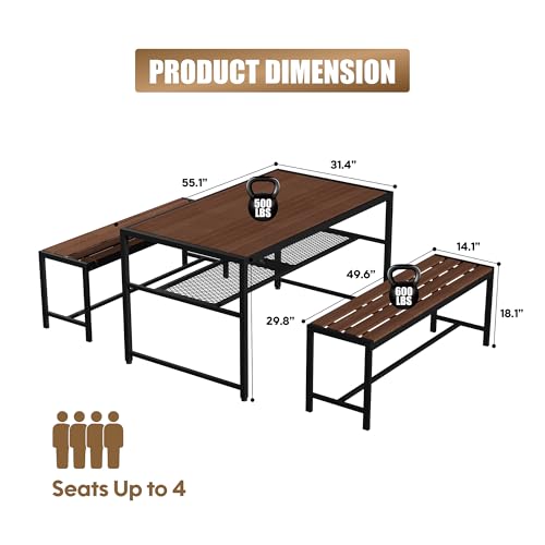 55'' Outdoor Picnic Table and Bench Set with 2" Umbrella Hole and Storage Shelf, Patio Dining Set for 6 People, Outdoor Dining Table and Chair for Garden Yard Porch- Brown