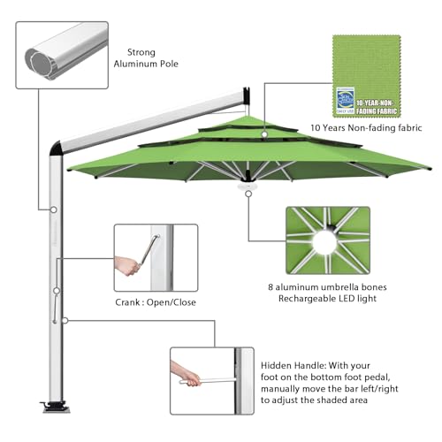 EliteShade USA Atlas 3-Tier 11FT Full Aluminum Cantilever Patio Umbrella for Outdoor Restaurant Garden Courtyard Deck Pool and Marketing with Light (No battery), Macaw Green - color: Macaw Green, style: 11FT Atlas