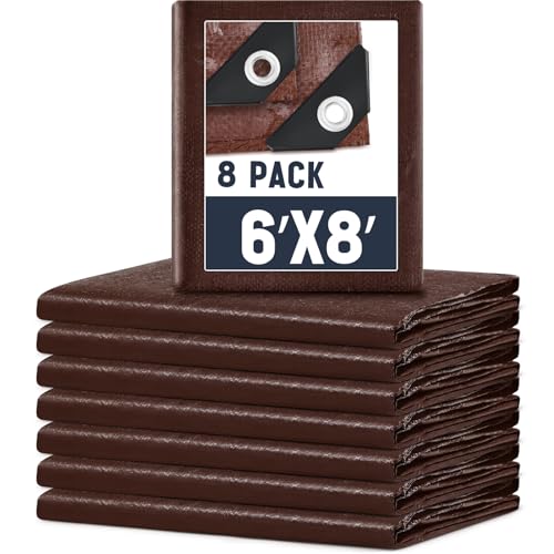 8 Pack 6 x 8 ft 5.5 Mil Large Tarps Heavy Duty Waterproof Tarp Multi Purpose Tent Cover for Home Boats Cars Camping Patio Furniture Roof Emergency Rain Protective Cover, Brown - color: Brown, size: 6 x 8 ft