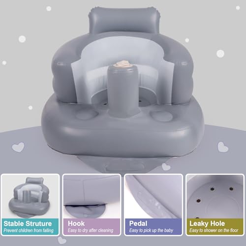 AirSwim Inflatable Baby Seat, Inflatable Baby Chair for Babies 3 Months and Up, Summer Blow Up Chair with Built in Air Pump, Infant Floor Seats for Learning to Sit, Palying, Camping, Grey - color: Grey
