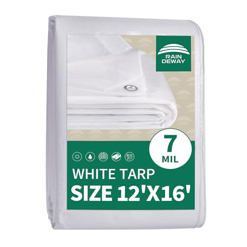 RAINDEWAY Tarps 12x16 Feet Tarp Waterproof,7Mil Thick,Finished Size,UV Resistant,Multipurpose Poly Tarp Cover with Metal Grommets and Reinforced Edges,White Tarps - color: White, size: 12x16 Feet-Finished Size