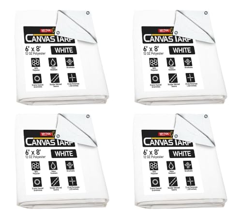 Mytee Products 4 Pack 6' x 8' White Canvas Tarp 12oz - Water Resistant & Breathable - Heavy Duty Tarps - Multipurpose Tarpaulin Cover for Camping Tent - color: White (4 Pcs), size: 6' x 8'