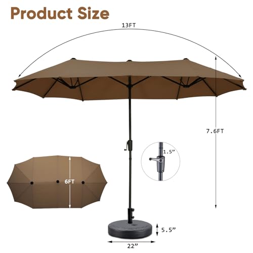13Ft Large Patio Umbrella with Base Outdoor Double-Sided Market Extra Large Table Umbrella Easy Crank for Yard, Poolside, Deck-Coffee - color: Coffee, size: 13FT Umbrella+Base