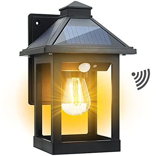 CYHKEE Solar Powered Wall Lanterns Outdoor with 3 Modes, Dusk to Dawn Motion Sensor LED Sconce Lights Waterproof, Exterior Front Porch Security Lamps Wall Mount Patio Fence Decorative Light Fixtures - color: Black (1 Pack)