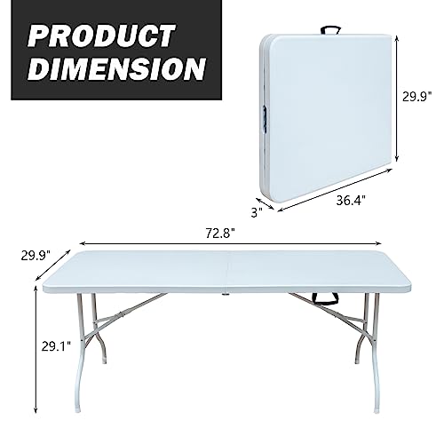 6ft Plastic Folding Table Portable Heavy Duty White Dining Table Fold-in-Half for Camp Party Kitchen Indoor Outdoor - color: White, size: 6FT1, style: Flat Desktop