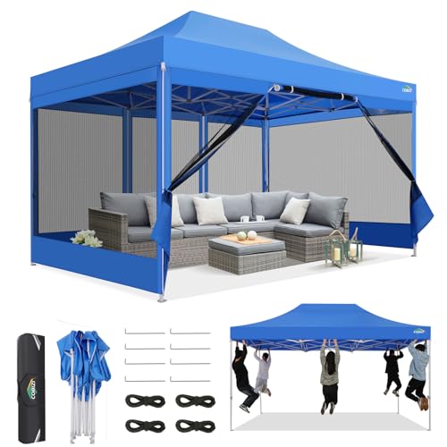 COBIZI 10x15 Canopy Tent, Heavy Duty Pop up Canopy with Sidewalls, Waterproof Easy Setup Canopy with Mosquito Netting, Outdoor Instant Screen Tents for Parties, Wedding, Backyard with Carry Bag, Blue - color: Blue, size: 10x15FT