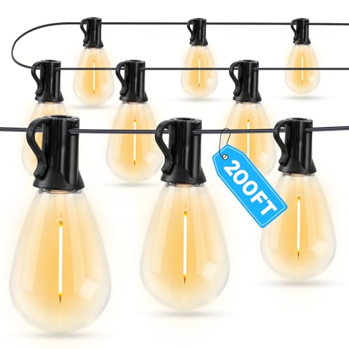 GvvooHome LED Outdoor String Lights, 200FT Waterproof Patio Lights with 62 Shatterproof S11 Plastic Bulbs, 2700K Warm White Edison Hanging Lights for Backyard, Garden, Porch, Bistro - size: 200FT