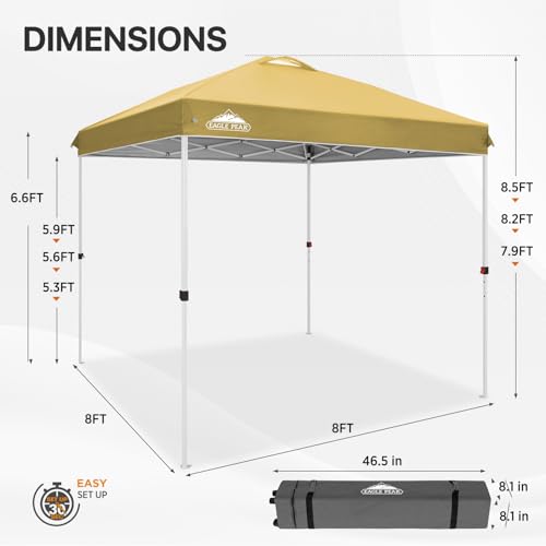 EAGLE PEAK Pop Up Canopy Tent with Wheeled Carry Bag, 8 Stakes, 4 Ropes, Easy Set Up Tent Canopy, 8x8 ft, Beige - color: Beige, size: 8x8