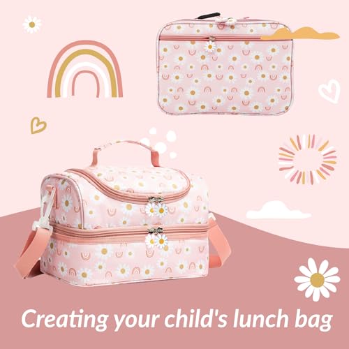 Insulated Kids Dual Compartment Lunch Bags Tote for Girls Boys Toddler Lunch Boxes Pre-School Toddler Kindergarten Elementary Picnic Food Cooler Thermal with Strap (Rainbow Daisies) - color: Rainbow Daisies