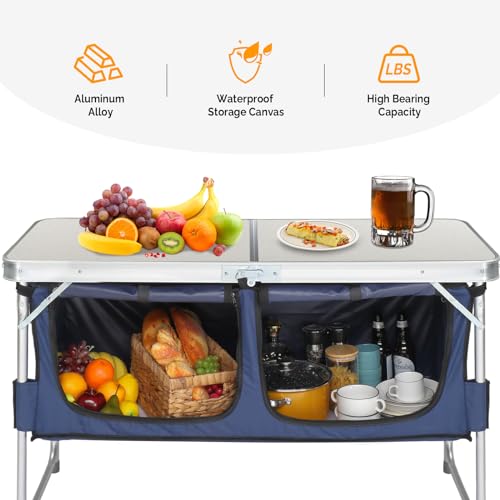 VINGLI 4 Ft Folding Table, Aluminum Camping Table, Picnic Table with Storage, Adjustable Height for Outdoor Beach BBQ Backyards Travel Party (White ＆ Blue) - color: White ＆ Blue