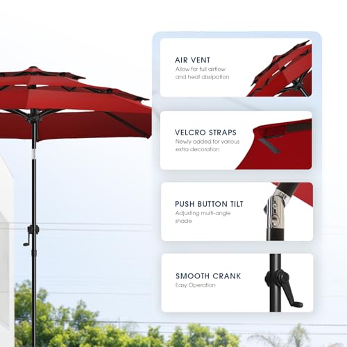 wikiwiki 9 FT Patio Umbrellas 3-Tiers Outdoor Table Market Umbrella with Push Button Tilt/Crank, Fade Resistant Waterproof POLYESTER DTY Canopy for Garden, Lawn, Deck, Backyard & Pool, Dark Red - color: Dark Red, size: 9 FT