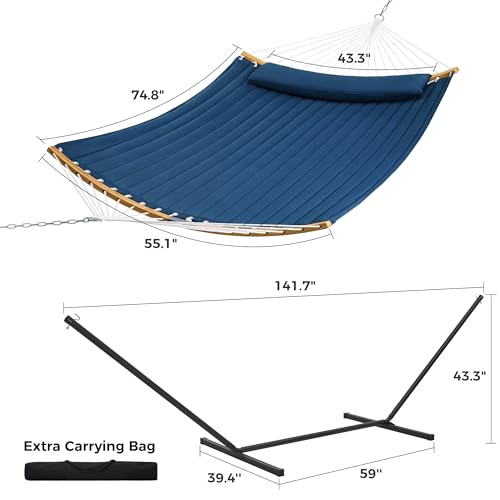 SUPERJARE Curved-Bar Hammock with Stand, 2 Person Heavy Duty Hammock Frame, Detachable Pillow & Portable Carrying Bag, Perfect for Outdoor & Indoor, Navy Blue - color: Navy Blue