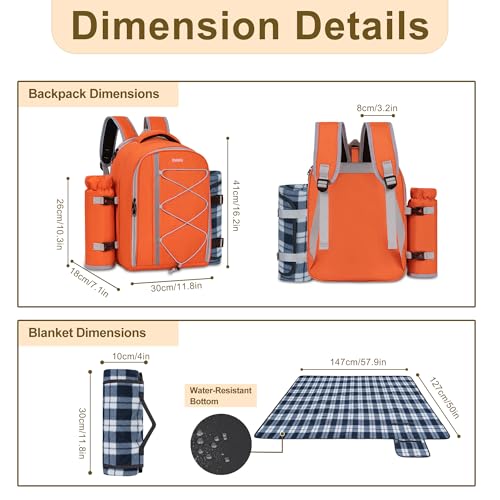 Picnic Backpack for 2 Persons with Insulated Leakproof Cooler Compartment, Cutlery Sets, Wine Holder, Fleece Blanket, Wedding Gifts for Couples, Perfect for Beach, Camping, Hiking, Orange - color: Orange, size: For 2 Persons