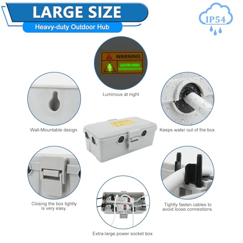 NineLeaf Outdoor Electrical Box,Weatherproof Connection Box w/6 Cable Entry,IP54 Waterproof Extension Cord Cover Protect Power Strips,Timer,Plug,Holiday Lights,10.3x5.9x3.7”,Grey - color: Grey, size: 262x150x94mm