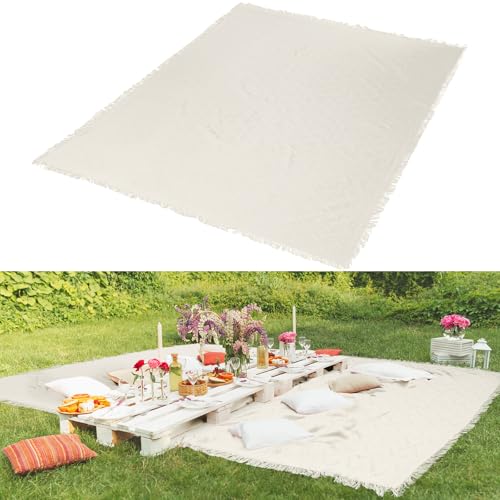 Hahafelt Extra Large Outdoor Picnic Blanket Oversize Beach Woven Cotton Yarn Blanket with Fringe Machine Washable Sandproof Portable for Spring Summer Camping Beach Park (Beige) - color: Beige