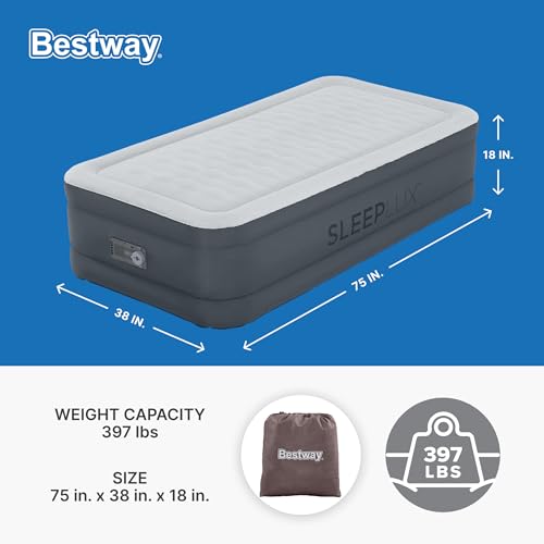 SleepLux Twin Air Mattress | Supersoft Snugable Top, Extra Durable Tough Guard with Built-in Pillow | Raised 18" Airbed with Built in Pump + USB Charger (69086E) , Grey - style: Twin ToughGuard 18"