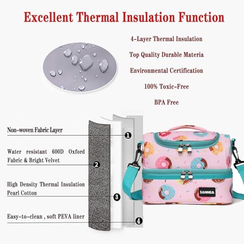 Double Deck Lunch Bag Cooler Insulated Lunch Box Tote 7L Pink Donut Bento Bags with Removable Adjustable Strap - color: 7L Pink Donut