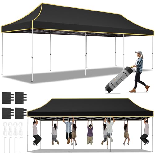 Hoteel 10x30 Pop Up Canopy Tent Heavy Duty Without Sidewalls, Waterproof Party Tent, Easy Set-up Commercial Instant Tents with Roller Bag & Sandbags, Hexagonal Leg (1-Year Warranty) - color: Black, size: 10×30 （no Walls）