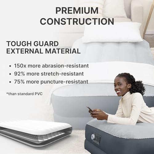 SleepLux Twin Air Mattress Supersoft Snugable Top Extra Durable Tough Guard with Built-in Pillow Raised 15" Airbed with Built in Pump + USB Charger Twin 15", Small, Grey - style: Twin ToughGuard 15"