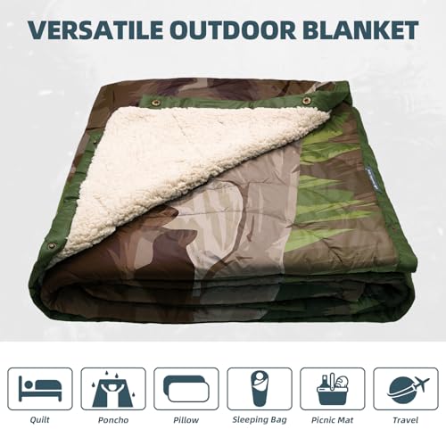 Outdoor Camping Blanket with Sherpa Lining, Extra Warm Thick Camp Blankets and Puffy Ultralight Soft Poncho DWR Camping Quilt for Cold Weather, Adventure, Sleeping, Backpacking 78"x 56" - color: Wheat Green, size: 78 x 56 inches