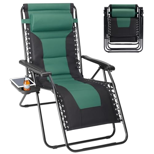 Sweetcrispy Zero Gravity Chairs, Foldable Patio Reclining Chairs with Adjustable Pillow & Cup Holder, Oversized Portable Support 400 lbs, for Backyard Camping(Black-Green) - color: Padded Black-green