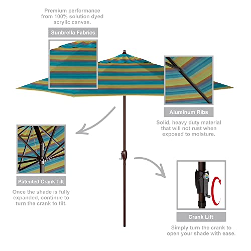 California Umbrella 12-Year Protection 9-Ft Outdoor Patio Umbrella, Sunbrella Fade-Resistant Acrylic Fabric, Auto Tilt and Crank, Heavy-Duty Aluminum Frame/ Reinforced Ribs, Bronze Pole, Astoria Lagoon - color: Astoria Lagoon