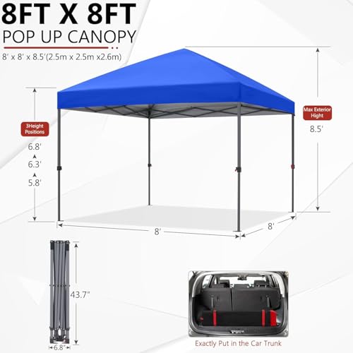 ABCCANOPY 8x8 Pop Up Canopy Tent, Easy Setup Instant Shelter with Wheeled Bag, Heavy Duty Outdoor Canopy for Beach, Market, Backyard, UV Protection, Outdoor Weather Protection (Royal Blue, 8x8) - color: Royal Blue, size: 8x8