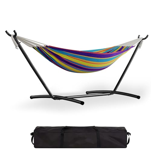 GarveeLife Double 2 Person Hammock, Indoor Outdoor Standing Hammock with Space Saving Steel Stand, Carry Bag, 450 LBS Weight Capacity, Suitable for Garden Camping Beach, Tropical - color: Tropical