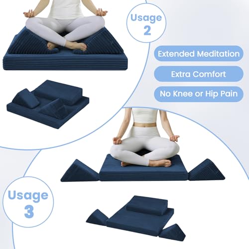 Meditation Cushion Set, Meditation Pillow for Sitting on Floor, Large Yoga Pillow with Knee Support, Washable Zafu Meditation Mat, 3 Shapes Floor Pillow for Adults, Navy Blue - color: Navy Blue