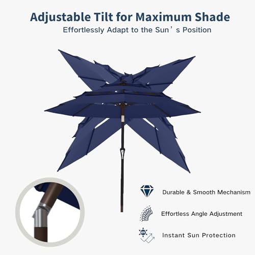 10FT Patio Umbrella 3 Tiers Outdoor Market Umbrella w/Push Button Tilt, Crank, UV and Waterproof Table Umbrella for Garden, Pool, Backyard, Deck, Lawn, Navy Blue - color: Navy Blue