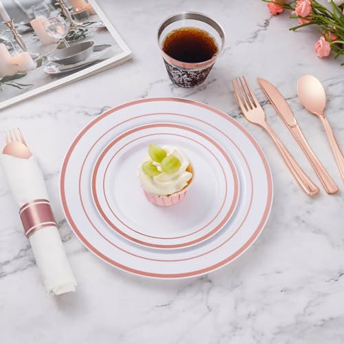 Goodluck 175 Piece Rose Gold Plastic Dinnerware Set for 25 Guests, Fancy Disposable Plates for Party, Include: 25 Dinner Plates, 25 Dessert Plates, 25 Pre Rolled Napkins with Silverware, 25 Cups - color: Rose Gold, style: 175 Piece (25 guests)