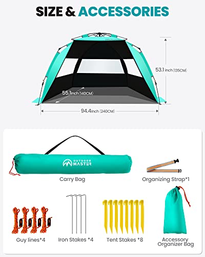 OutdoorMaster Beach Tent with Blackout Shelter Technology, Portable Sun Shade Shelter 4 Person, Pop Up Beach Tents with UPF 50+ UV Protection, 9.5mm Thick Pole, 3 Ventilating Mesh Windows -Green - color: Green