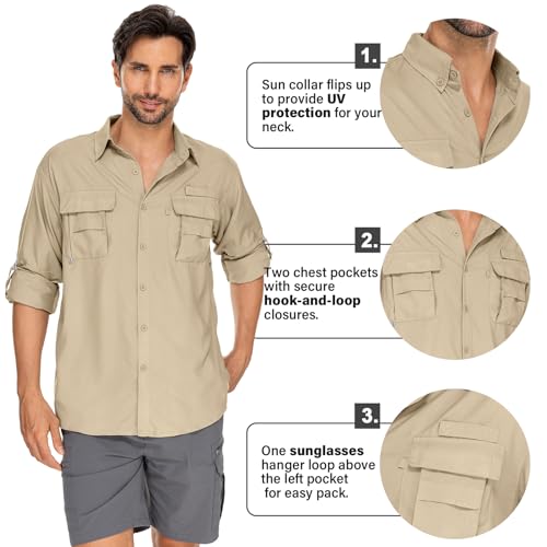 Mens Safari Shirts Long Sleeve UV Protection Hiking Fishing UPF 50+ Quick Dry Camping Travel Shirts - color: Khaki, size: X-Large
