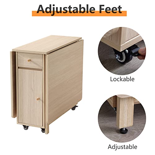 COMUHOME Extendable Drop Leaf Folding Dining Table with 2 Drawers and 4 Wheels for Living Room Kitchen Farmhouse Space Saving Table in Wood Color - color: Wood