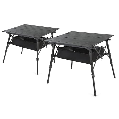 ARROWHEAD OUTDOOR 2-Pack 39" Aluminum Folding Camp Roll Up Table w/Adjustable Height, Undertable Mesh Storage, Carry Bag - color: Black 2pack
