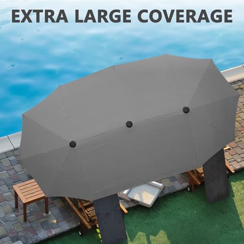 13Ft Large Patio Umbrella with Base Outdoor Double-Sided Market Extra Large Table Umbrella Easy Crank for Yard, Poolside, Deck-Gray - color: Gray, size: 13FT Umbrella+Base