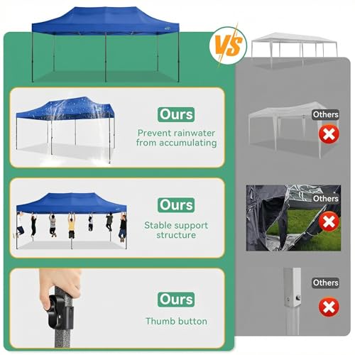 COBIZI 10x20 Heavy Duty Pop Up Canopy Tent with 6 Sidewalls Thicken Frame, Commercial Easy Up Outdoor Wedding Party Tents, All Season Waterproof Windproof with Stakes Sandbags Ropes Roller Bag, Blue - color: Blue, size: 10x20