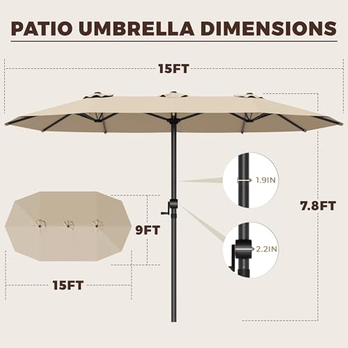 GDPFN 15FT Large Patio Umbrella, Outdoor Deck Standing Umbrella with Crank Handle, Double-Side Rectangular Pool Umbrella for Outside, Market, Patio, Beige (Base Not Include) - color: Beige, size: No Base&led