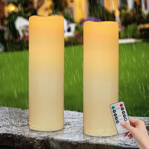 Kimjo 14" x 4" Large Outdoor Candles with Remote: Battery Operated LED Flameless Candles with Timer - Realistic Fake Waterproof Flickering Pillar Candles for Patio Porch Lanterns (Ivory 2 Pack) - color: Ivory