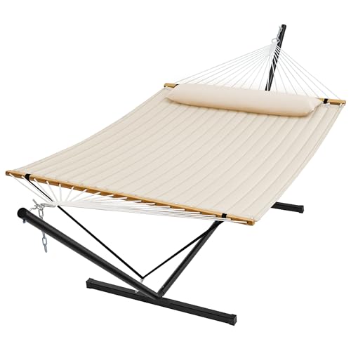 SUPERJARE Hammock with Stand, 2 Person Quilted Outdoor Hammock, Detachable Pillow & Bamboo Spreaders, Portable Hammock with Carrying Bag, Heavy Duty Stand, Perfect for Outside, Patio, Cream Beige - color: Cream Beige, size: 55.1"W × 74.8''D × 43.3''H
