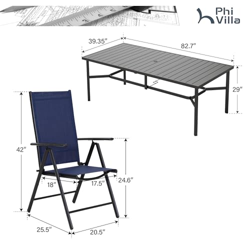 PHI VILLA 9 Piece Patio Dining Set, Patio Furniture Outdoor Dining Set with Adjustable Portable Patio Folding Chairs (Blue) & Large Patio Dining Table for Yard, Garden and Deck - color: Blue, size: 9 Piece Rectangle