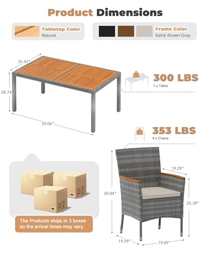 Flamaker 7 Piece Patio Dining Set Outdoor Acacia Wood Table and Chairs with Soft Cushions Wicker Patio Furniture for Deck, Backyard, Garden (Grey) - color: Grey, size: 7 Piece