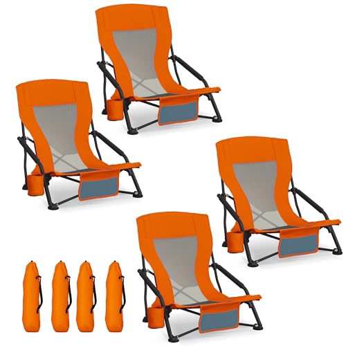 Portable Folding Beach Chair for Adults - Lightweight Low Back Sling Chair with Cup Holder & Storage Pocket, 300lbs Capacity Camping Chair for Outdoor, Lawn (Bright Orange, 4 pcs) - color: Bright Orange, size: 4 pcs