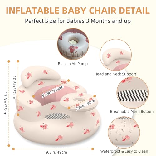Inflatable Baby Seat with Tray, Blow up Infant Chair for Babies 3 Months and up, Comfortable Baby Floor Seats for Sitting Up, Built in Air Pump with Back Support Toddler Waterproof Sofa (Pink Rabbit) - color: Pink Rabbit