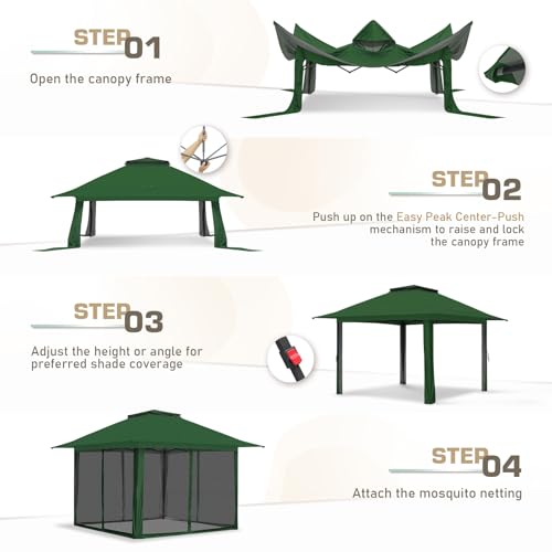 EAGLE PEAK 13x13 Pop Up Gazebo with Mesh Netting, Easy Up Screened Canopy for Patio and Backyard, Easy Set up Outdoor Gazebo (Green) - color: Green, size: 13x13 with netting
