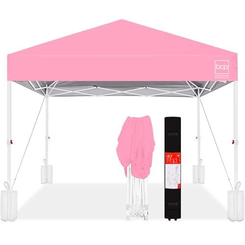 Best Choice Products 10x10ft Pop Up Canopy Tent, Outdoor Shade, 1 Person 1 Minute Set Up, Carry Case, 4 Weight Bags - Pink/White - color: Pink/White, size: 10x10ft
