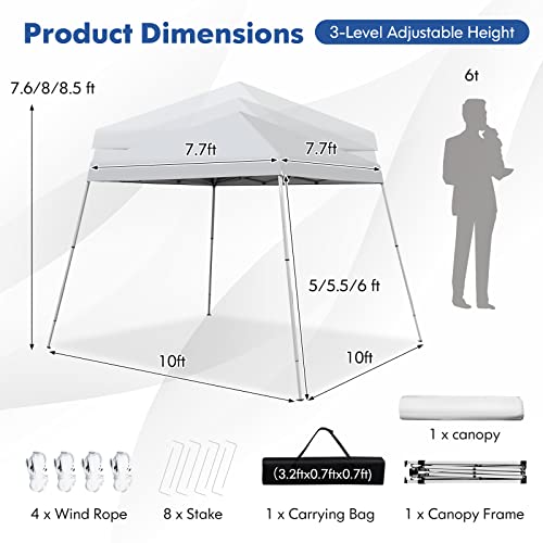 Tangkula 10x10 Ft Pop Up Canopy, Slanted Leg Outdoor Canopy Tent with Center Lock, UPF50+ Sun Protection, 4 Stakes, 8 Ropes, Carrying Bag, 1 Person Setup Instant Tent Shelter for Camp, Beach, Patio - color: White