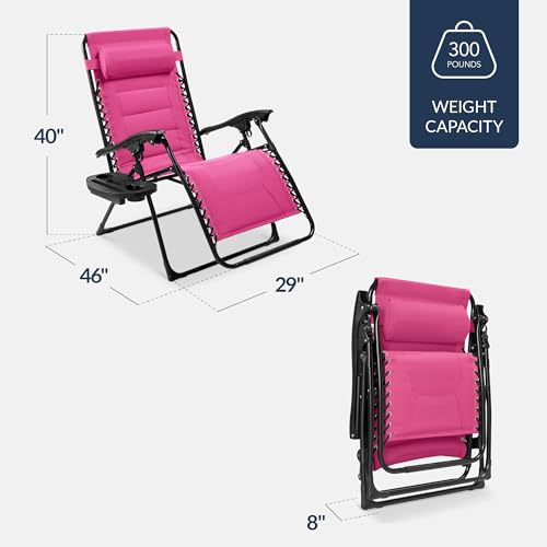 Best Choice Products Oversized Padded Zero Gravity Chair, Folding Outdoor Patio Recliner, XL Anti Gravity Lounger for Backyard w/Headrest, Cup Holder, Side Tray, Polyester Mesh - Hot Pink - color: Hot Pink